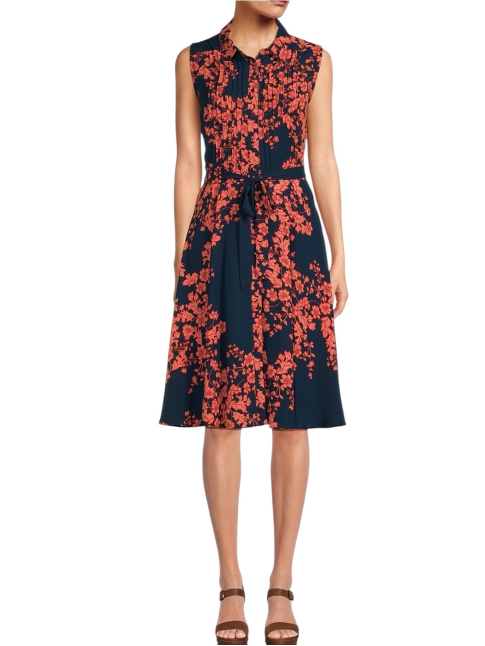 Nanette Lepore Coral Floral Navy Collar Pleated Waist Tie Midi Dress